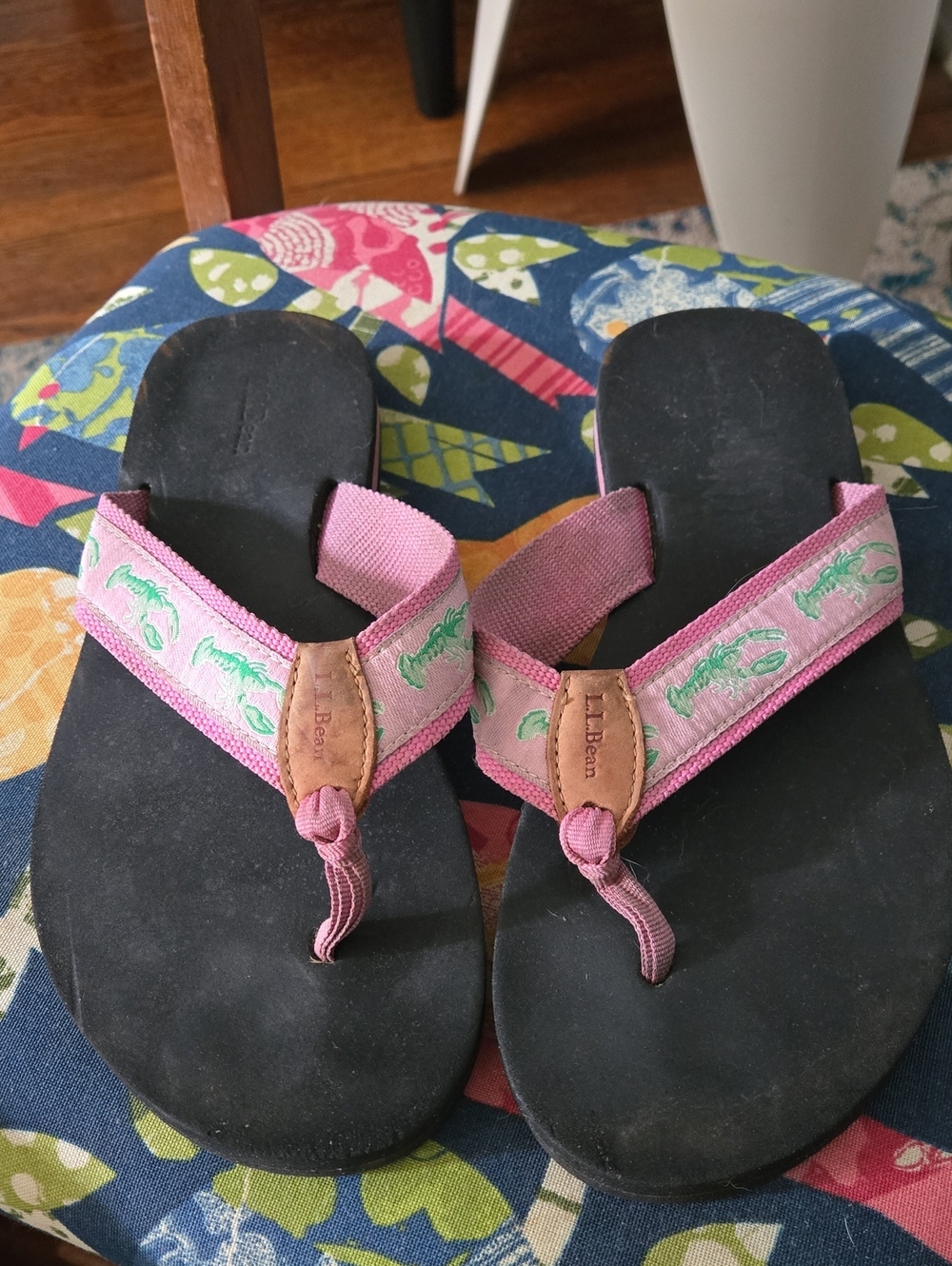 L.L. Bean Pink and Green Embroidered Flip Flops